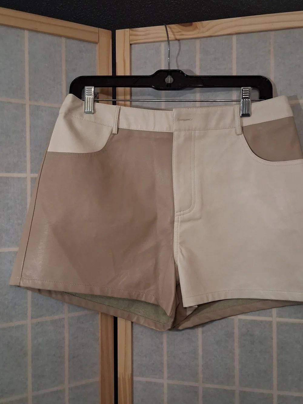 Le Lis Colorblock High-Waist Leatherette Shorts - Beige & Cream